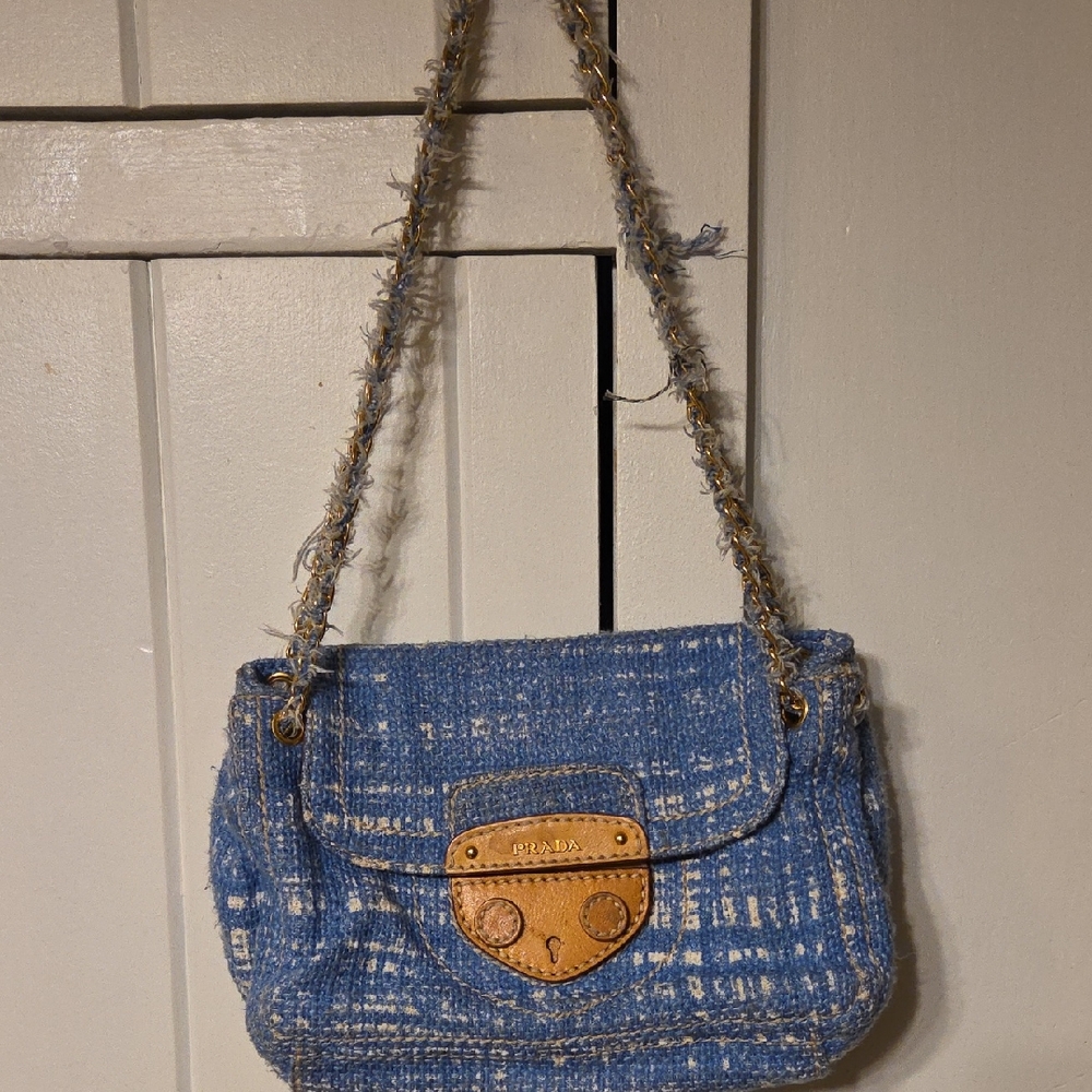 Prada Blue and Tan Tweed Shoulder Bag